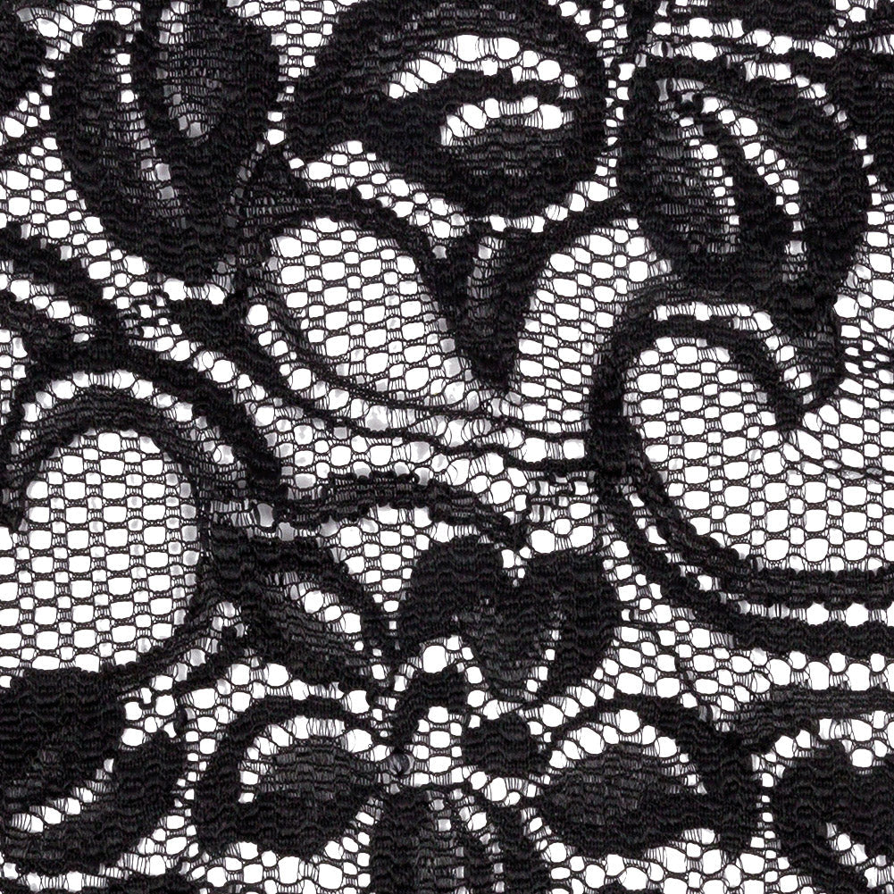 Black Floral Stretch Lace with Scalloped Edges - 6"