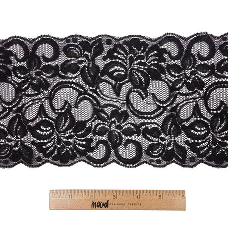 Black Floral Stretch Lace with Scalloped Edges - 6"
