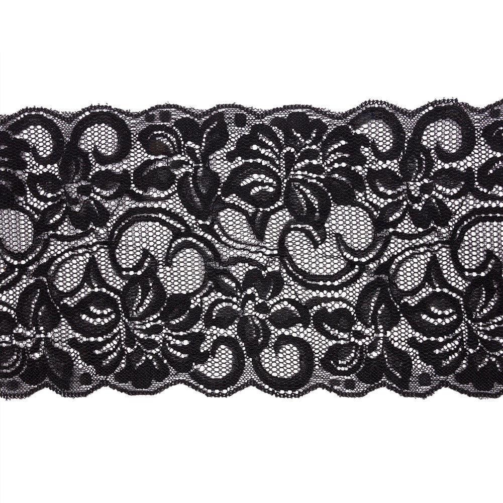 Black Floral Stretch Lace with Scalloped Edges - 6"