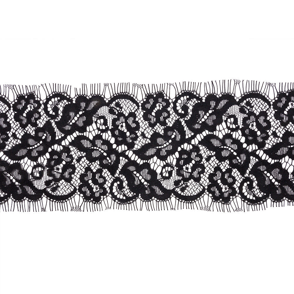 Black Floral Scrolls Lace Trim with Eyelash Fringe Edges - 3.5"