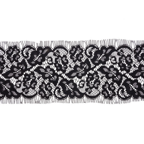 Black Floral Scrolls Lace Trim with Eyelash Fringe Edges - 3.5"