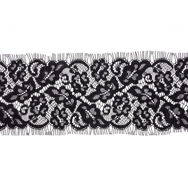 Black Floral Scrolls Lace Trim with Eyelash Fringe Edges - 3.5"