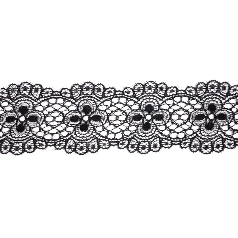 Black Flowers and Medallions Scalloped Lace Trim - 2.5"