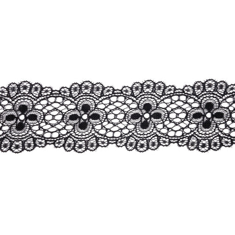 Black Flowers and Medallions Scalloped Lace Trim - 2.5"