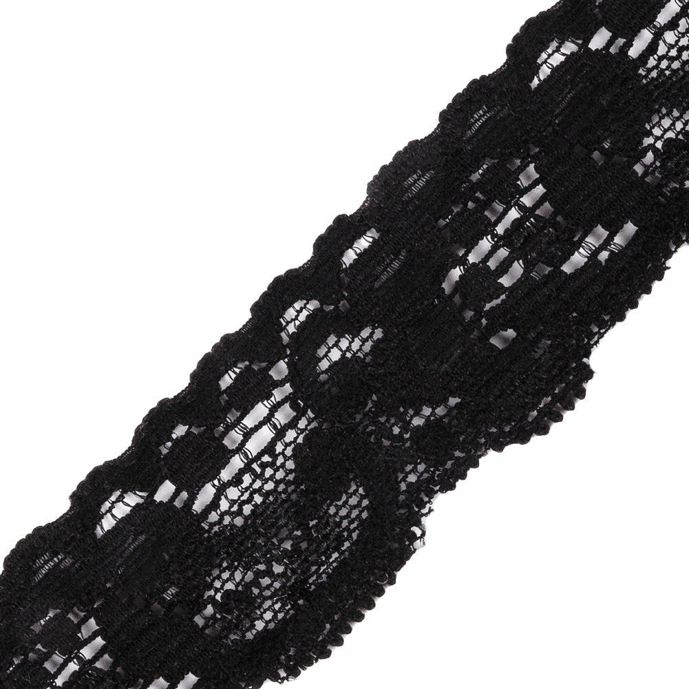Black Floral Stretch Lace Trim - 1.25"