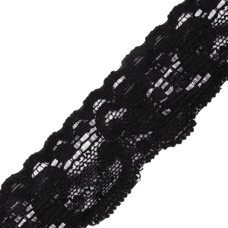 Black Floral Stretch Lace Trim - 1.25"
