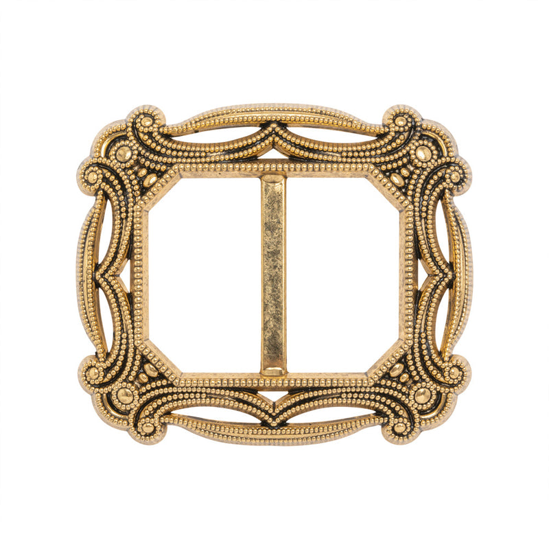 Famous NYC Designer Antique Gold Metallic Filigree Plastic Slider Buckle 2.5" x 2.125"