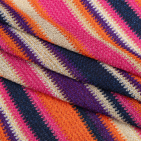 Trina Turk Pink, Orange and Navy Metallic Striped Viscose and Polyester Sweater Knit