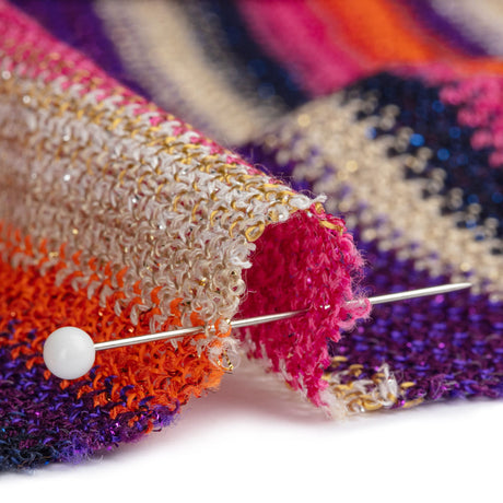 Trina Turk Pink, Orange and Navy Metallic Striped Viscose and Polyester Sweater Knit
