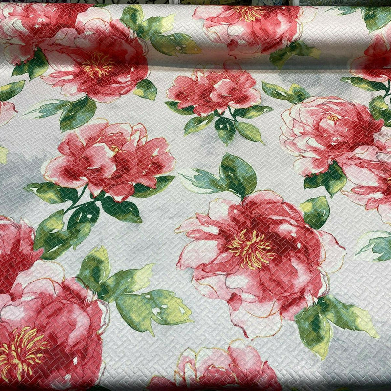 Kelly Ripa Swoon Fiesta Red Green Matelasse Cotton Polyester Fabric - Watercolor Floral, 54" Width (1 Yard)