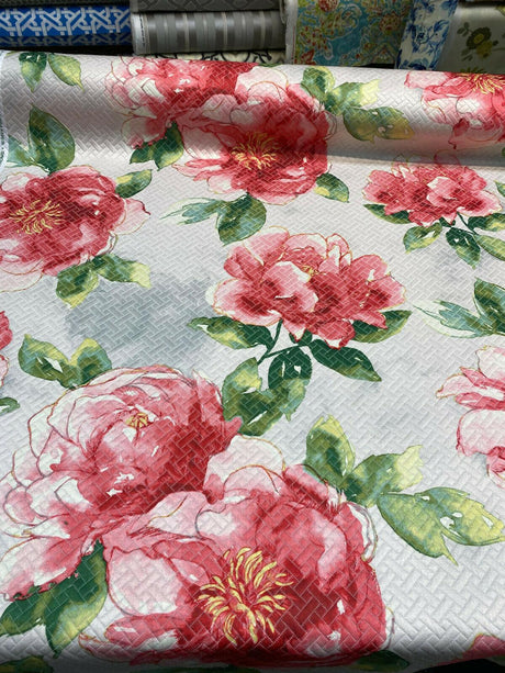Kelly Ripa Swoon Fiesta Red Green Matelasse Cotton Polyester Fabric - Watercolor Floral, 54" Width (1 Yard)