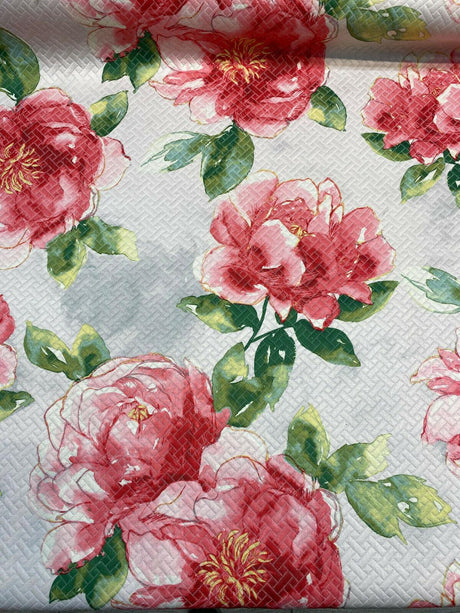 Kelly Ripa Swoon Fiesta Red Green Matelasse Cotton Polyester Fabric - Watercolor Floral, 54" Width (1 Yard)