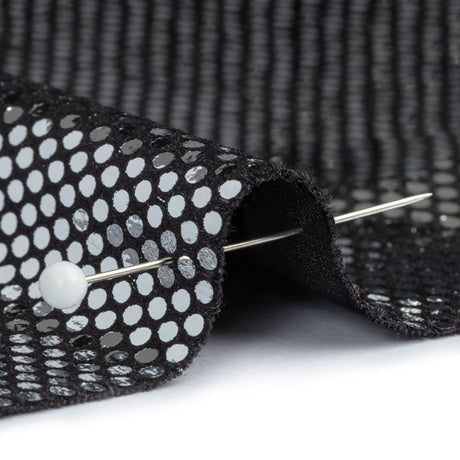 Stretch Polyester Velour with Crystal Foiled Polka Dots - Black and Silver
