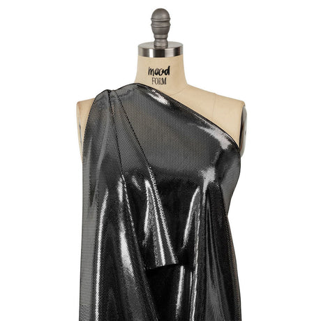 Stretch Polyester Velour with Crystal Foiled Polka Dots - Black and Silver