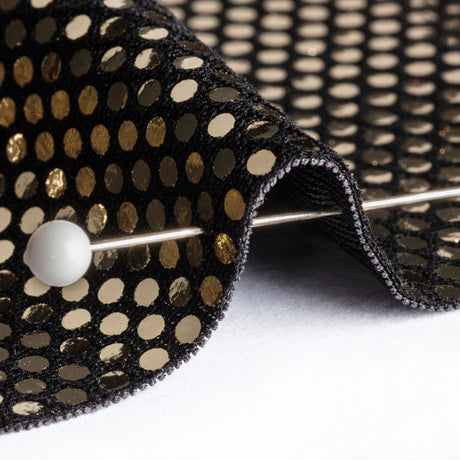 Stretch Polyester Velour with Crystal Foiled Polka Dots - Black and Gold