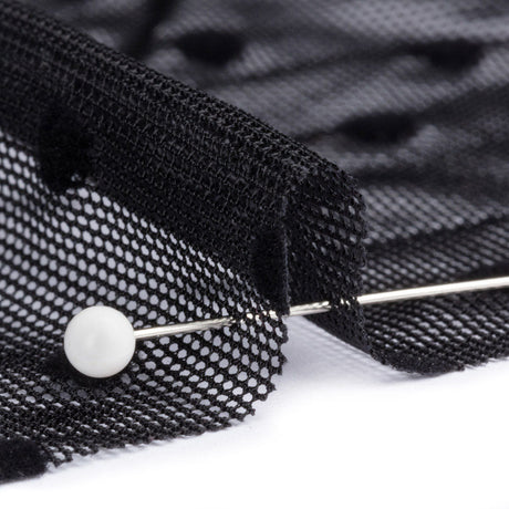 Black Flocked Polka Dots Stretch Nylon Mesh