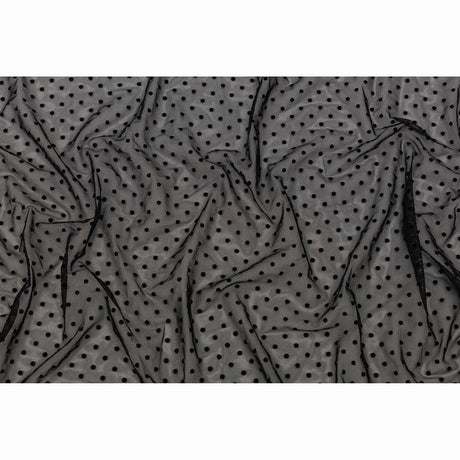 Black Flocked Polka Dots Stretch Nylon Mesh