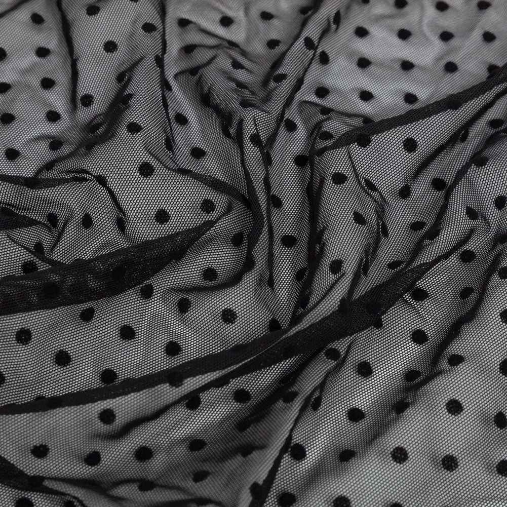 Black Flocked Polka Dots Stretch Nylon Mesh