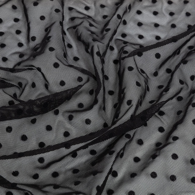 Black Flocked Polka Dots Stretch Nylon Mesh
