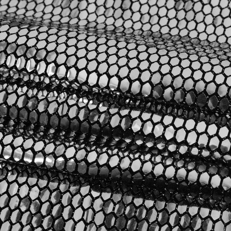 Black and Silver Hexagons Foiled Stretch Nylon Knit