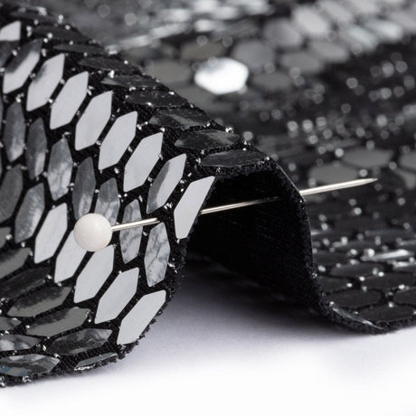 Black and Silver Hexagons Foiled Stretch Nylon Knit