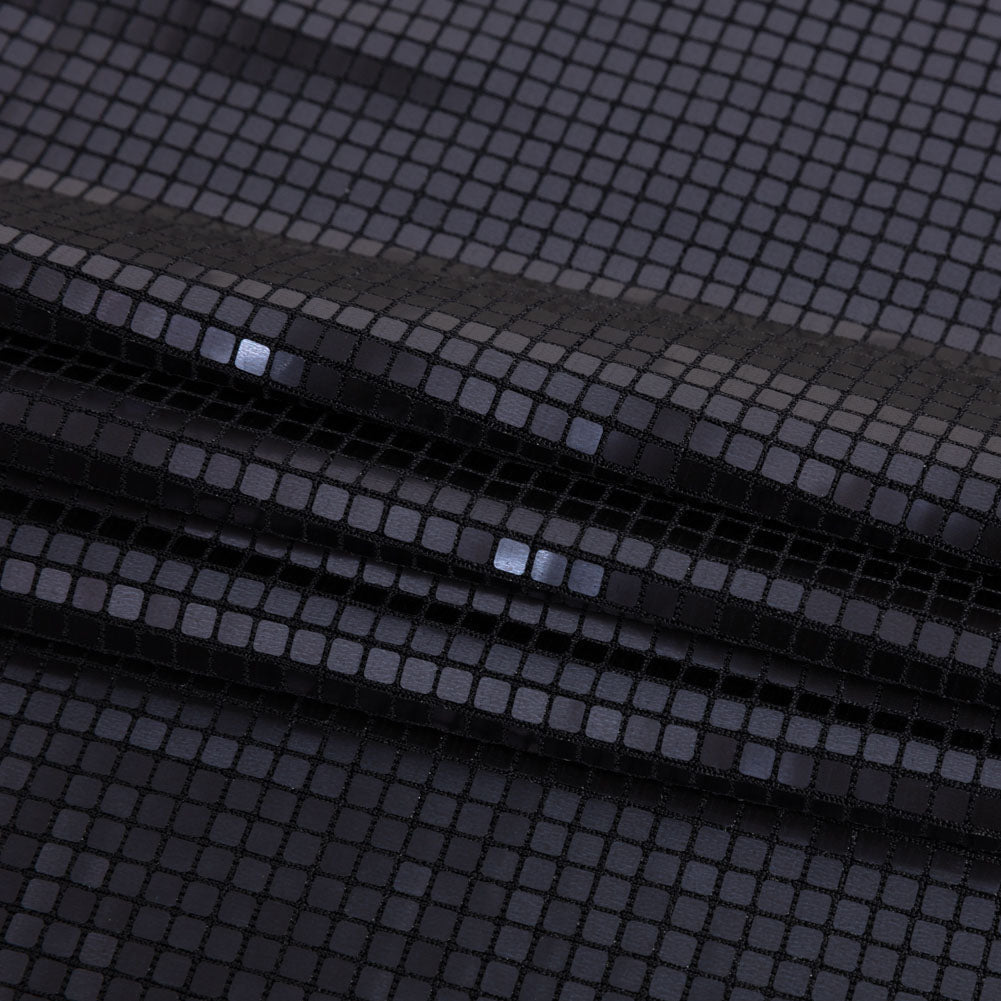 Squares Foiled Stretch Polyester Knit - Charcoal and Metallic Black - Heidi Collection