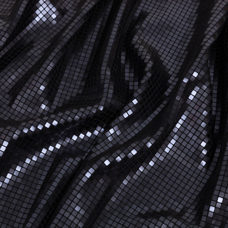 Squares Foiled Stretch Polyester Knit - Charcoal and Metallic Black - Heidi Collection