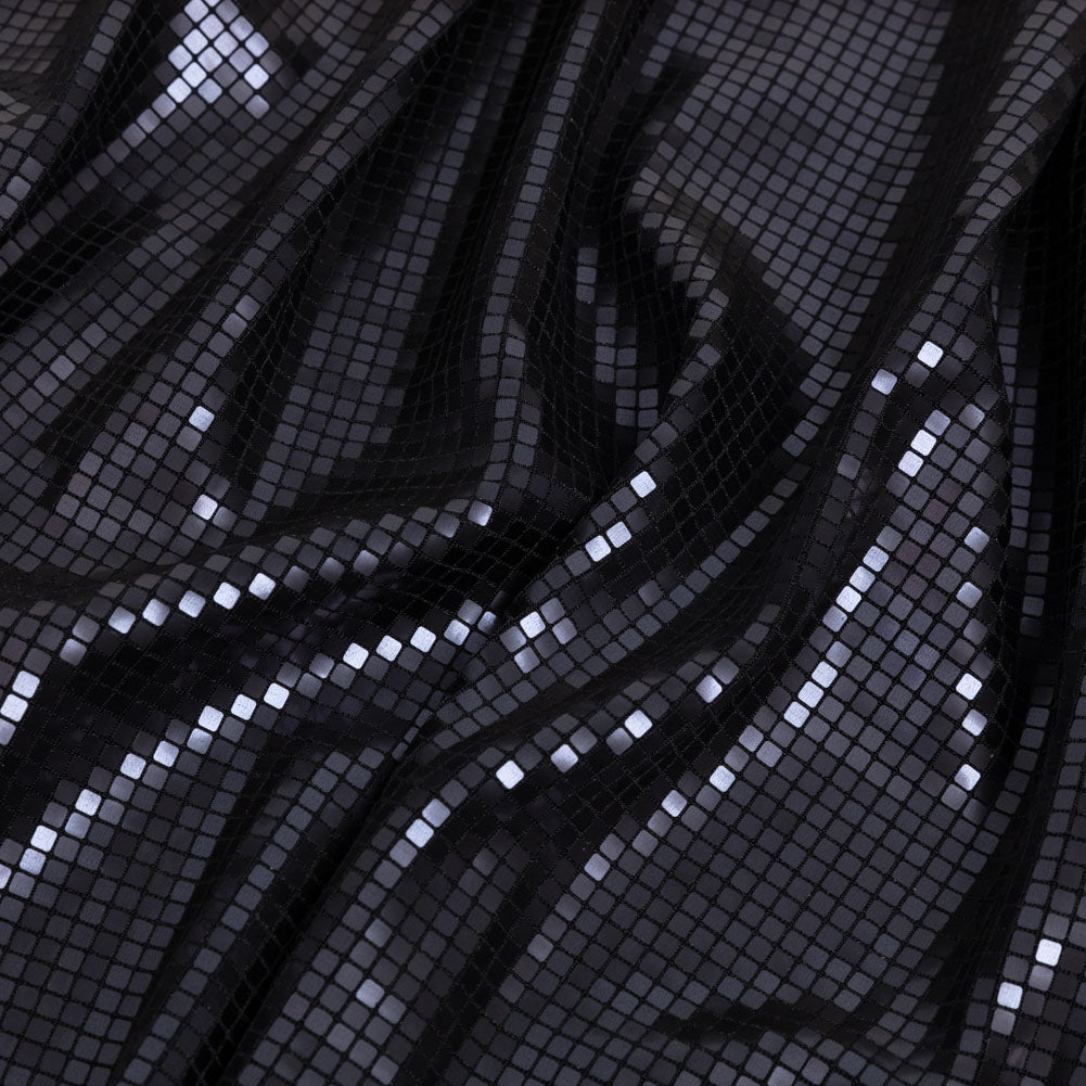 Squares Foiled Stretch Polyester Knit - Charcoal and Metallic Black - Heidi Collection