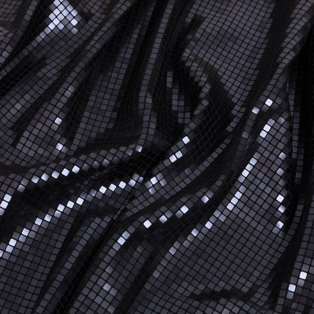 Squares Foiled Stretch Polyester Knit - Charcoal and Metallic Black - Heidi Collection