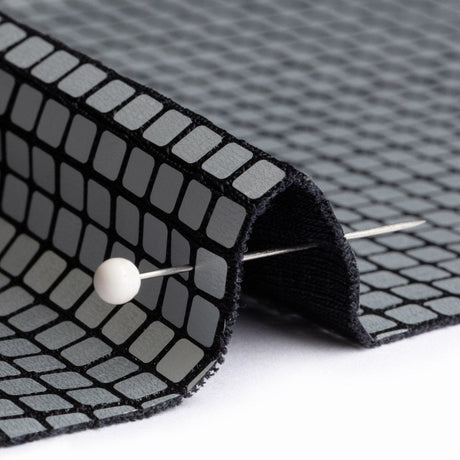 Squares Foiled Stretch Polyester Knit - Silver and Metallic Black - Heidi Collection