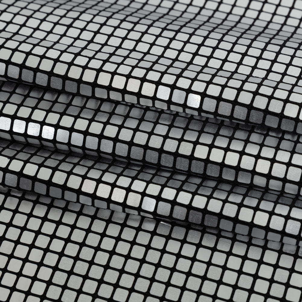 Squares Foiled Stretch Polyester Knit - Silver and Metallic Black - Heidi Collection