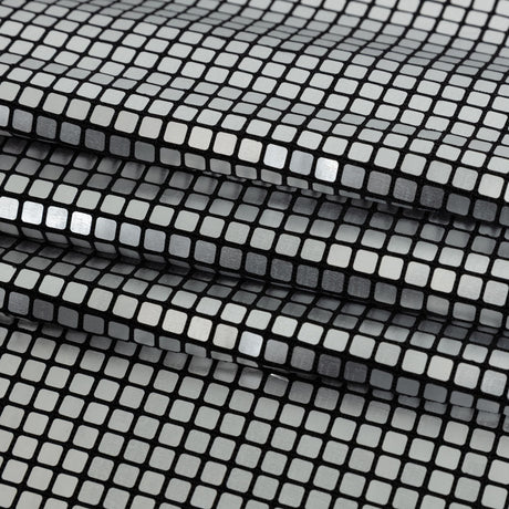 Squares Foiled Stretch Polyester Knit - Silver and Metallic Black - Heidi Collection