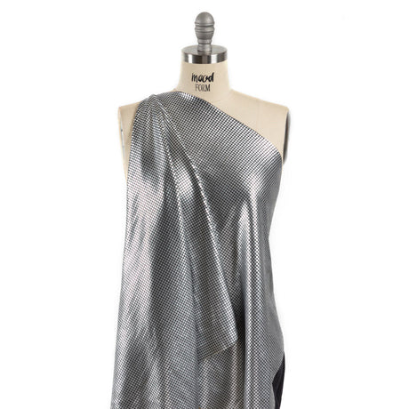 Squares Foiled Stretch Polyester Knit - Silver and Metallic Black - Heidi Collection