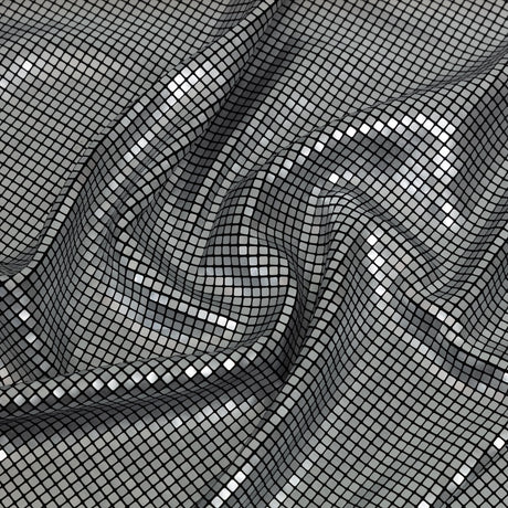 Squares Foiled Stretch Polyester Knit - Silver and Metallic Black - Heidi Collection