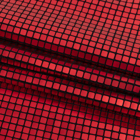 Squares Foiled Stretch Polyester Knit - Red and Metallic Black - Heidi Collection