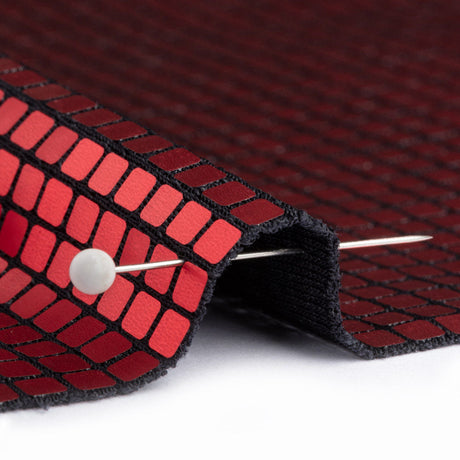 Squares Foiled Stretch Polyester Knit - Red and Metallic Black - Heidi Collection