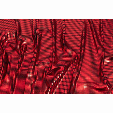 Squares Foiled Stretch Polyester Knit - Red and Metallic Black - Heidi Collection