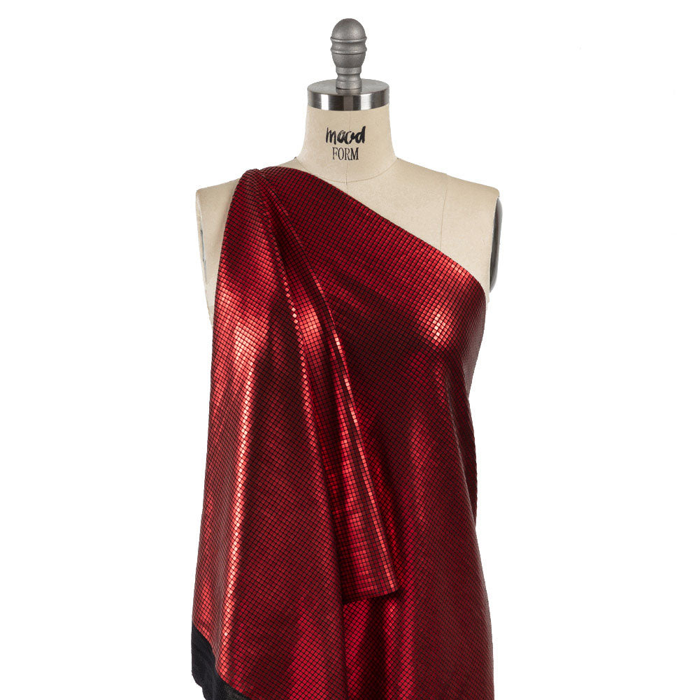 Squares Foiled Stretch Polyester Knit - Red and Metallic Black - Heidi Collection