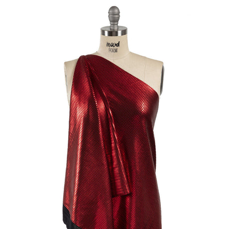 Squares Foiled Stretch Polyester Knit - Red and Metallic Black - Heidi Collection