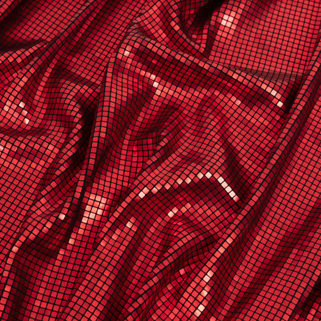 Squares Foiled Stretch Polyester Knit - Red and Metallic Black - Heidi Collection