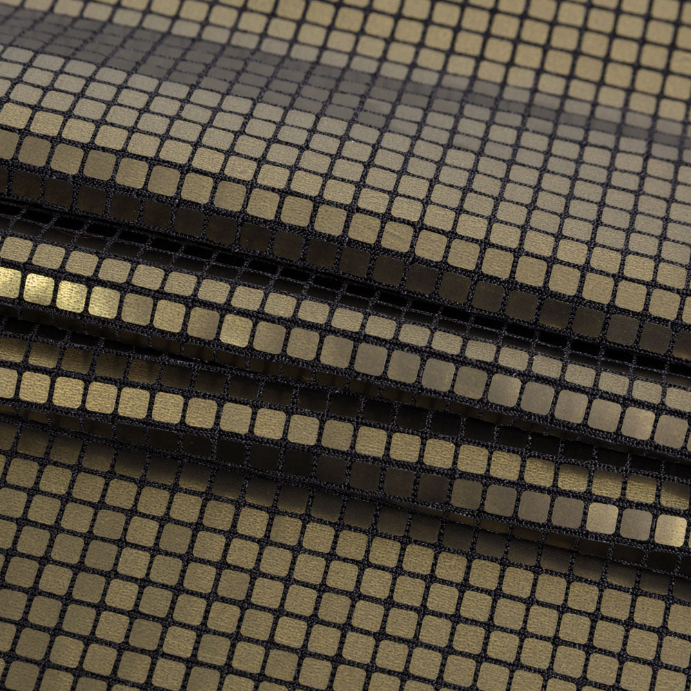 Squares Foiled Stretch Polyester Knit - Olive and Metallic Black - Heidi Collection