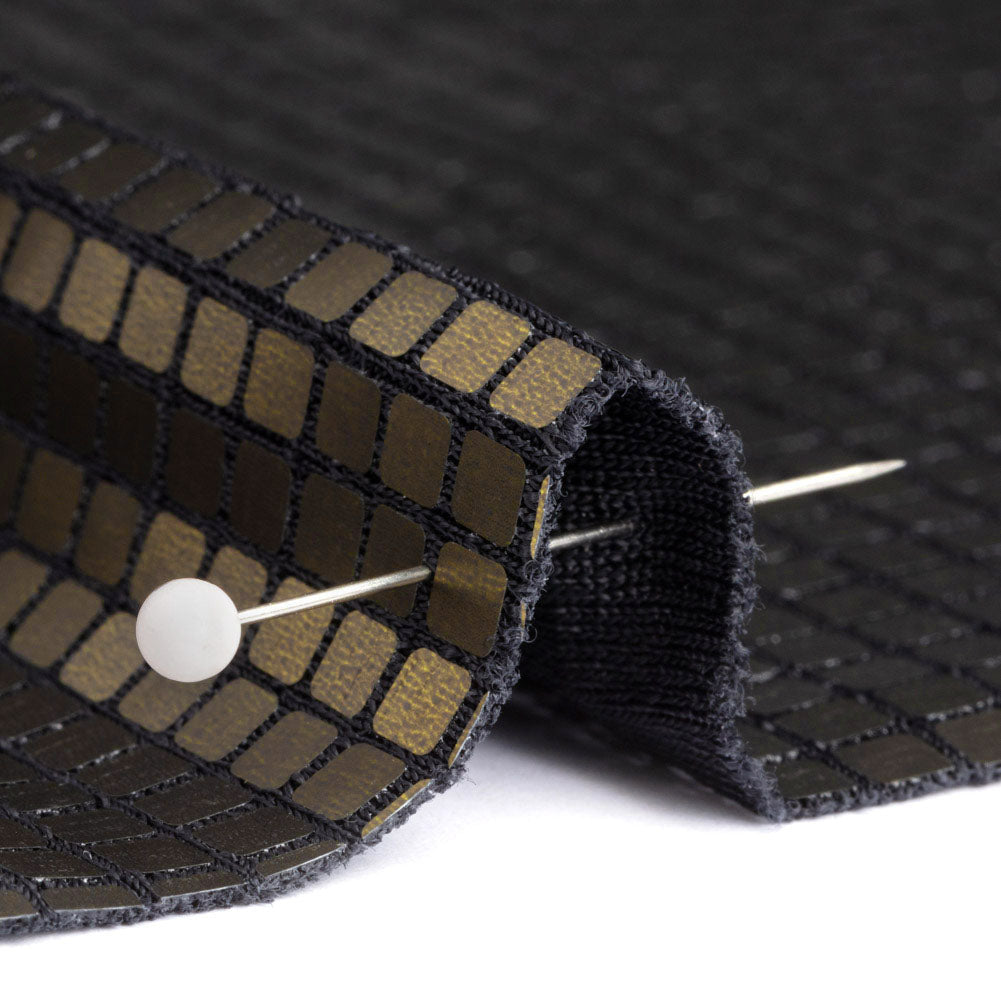Squares Foiled Stretch Polyester Knit - Olive and Metallic Black - Heidi Collection
