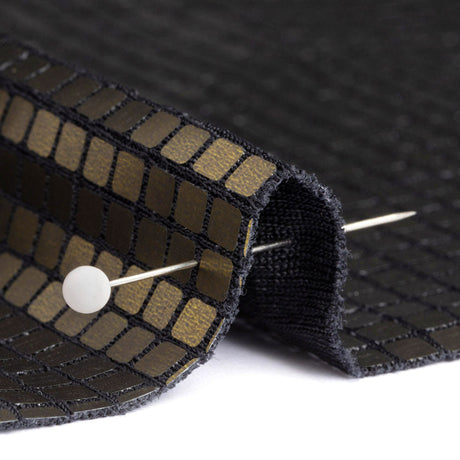 Squares Foiled Stretch Polyester Knit - Olive and Metallic Black - Heidi Collection