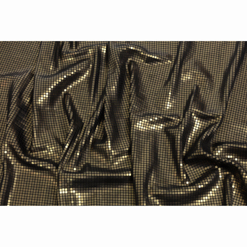 Squares Foiled Stretch Polyester Knit - Olive and Metallic Black - Heidi Collection