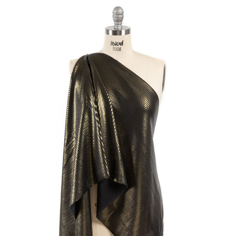 Squares Foiled Stretch Polyester Knit - Olive and Metallic Black - Heidi Collection