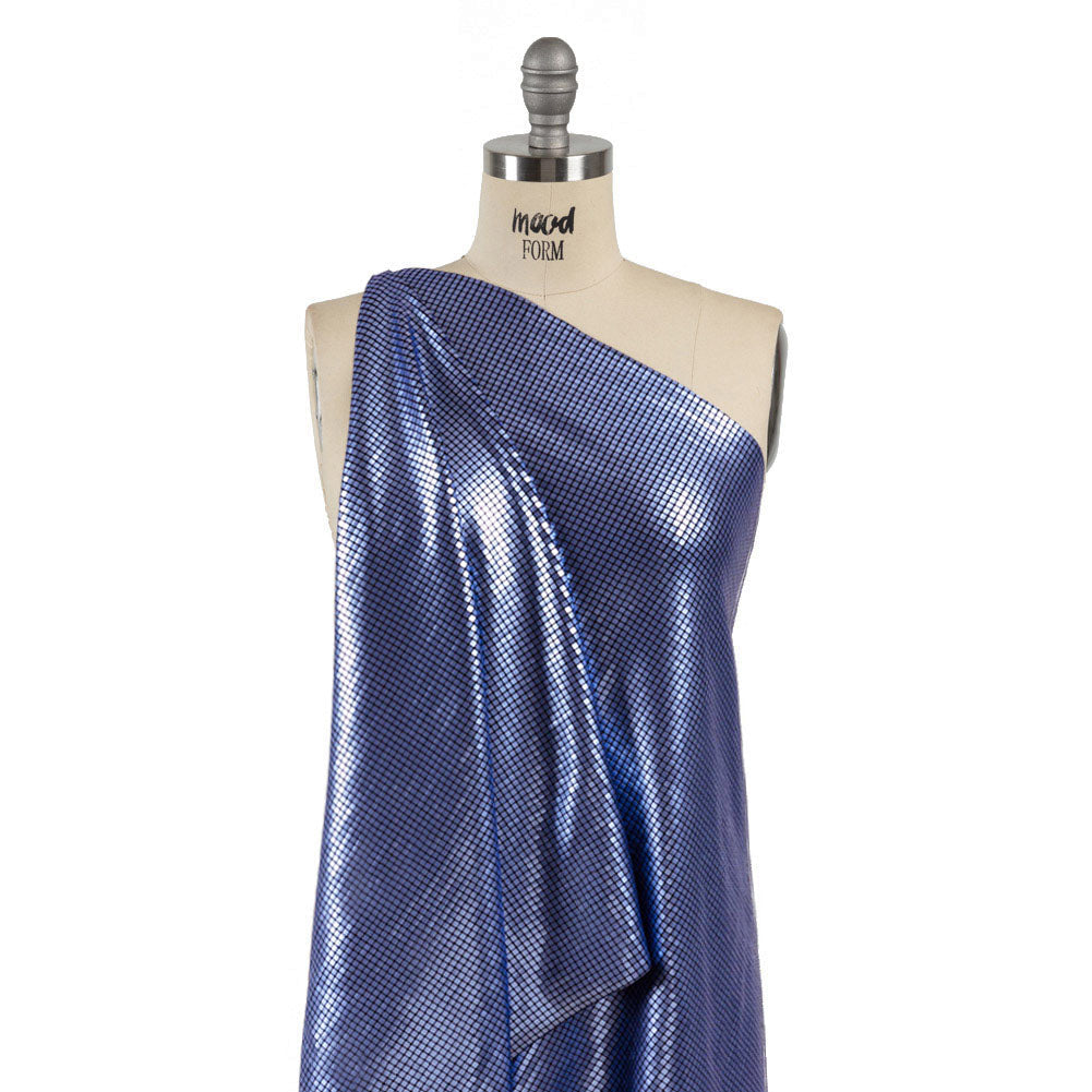 Squares Foiled Stretch Polyester Knit - Blue and Metallic Black - Heidi Collection