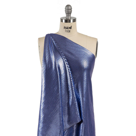 Squares Foiled Stretch Polyester Knit - Blue and Metallic Black - Heidi Collection