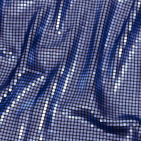 Squares Foiled Stretch Polyester Knit - Blue and Metallic Black - Heidi Collection