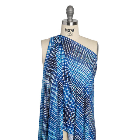 Stretch Rayon Jersey - Navy and Aqua Blue Ombre Plaid