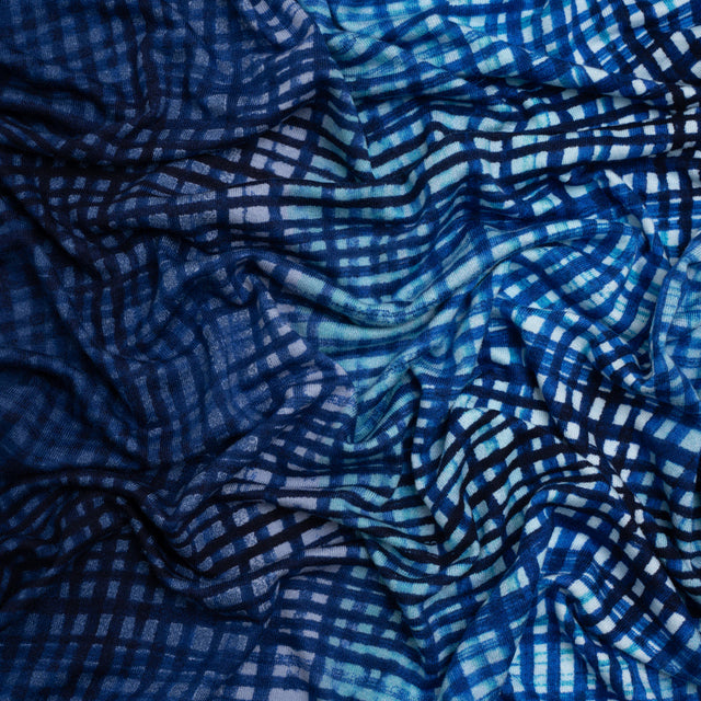 Stretch Rayon Jersey - Navy and Aqua Blue Ombre Plaid